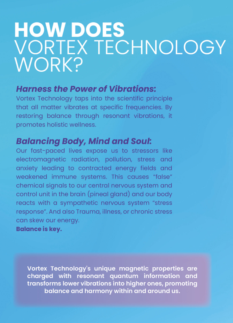 Poster explaining how Vortex Technology works on a blue gradient background, with the headline 'HOW DOES VORTEX TECHNOLOGY WORK?' and sections about vibrations, balance of body, mind and soul, and a purple rounded callout box at the bottom.